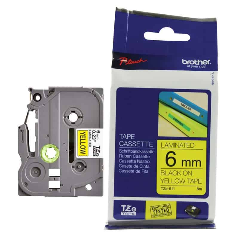 Hình ảnh chi tiết Nhãn in Brother TZe-611 - 6mm, Đen trên Vàng - Ảnh số 1